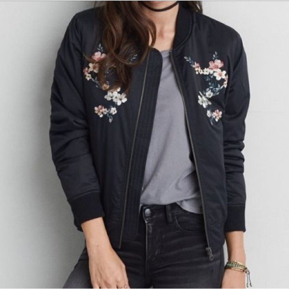 American Eagle | Black Floral Embroidered Black Bomber Jacket Satin | Size Small - Picture 2 of 6